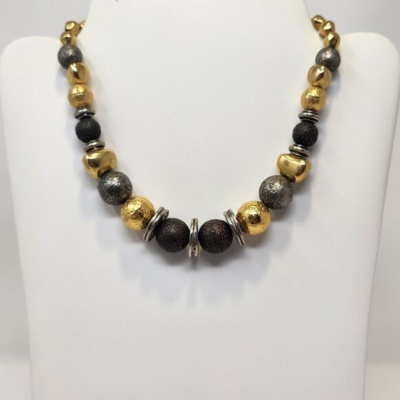Liz Claiborne Metallic Gold Silver Tone Bead Choker Necklace Chunky Workwear - Picture 1 of 7